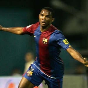 VIGO, SPAIN - AUGUST 28: Samuel Eto'o of Barcelona celebrates scoring his team's first goal against Celta de Vigo during the Primera Liga match between Celta de Vigo and Barcelona at the Balaidos stadium on August 28, 2006 in Vigo, Spain. (Photo by Denis Doyle/Getty Images)