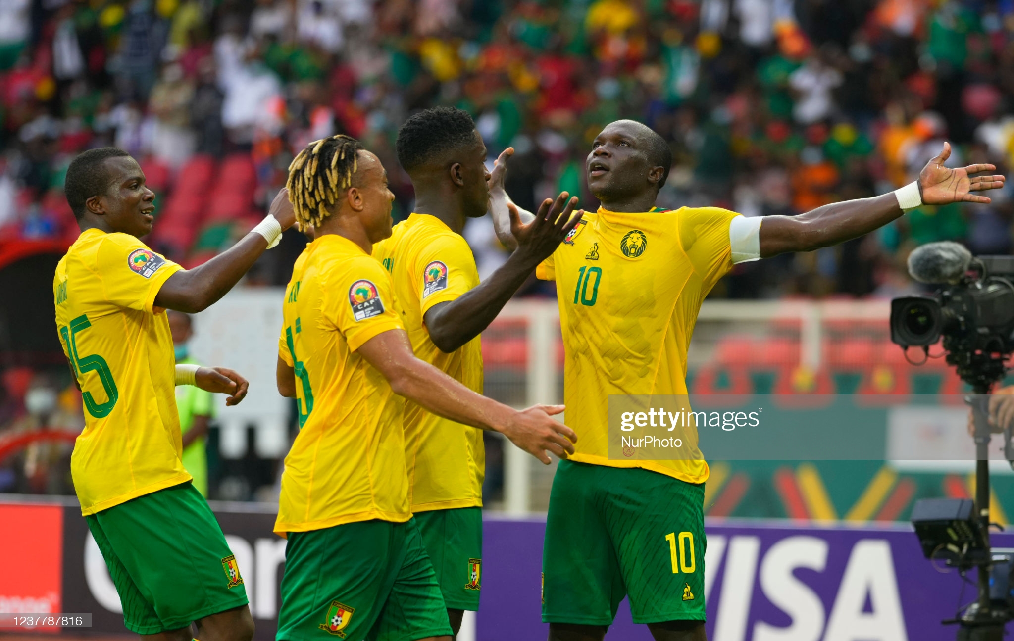 Vincent Aboubakar of Cameroon celebrates scoring their first goal  during Cameroun versus Cap Verde, African Cup of Nations, at Olempe Stadium on January 17, 2022. (Photo by Ulrik Pedersen/NurPhoto via Getty Images)